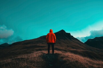 Fototapeta premium Person Contemplating Mountain Landscape at Dusk