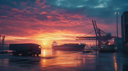 Obraz premium Container truck in ship port for business Logistics and transportation of Container Cargo ship and Cargo plane with working crane bridge in shipyard at sunrise, logistic import export and transport