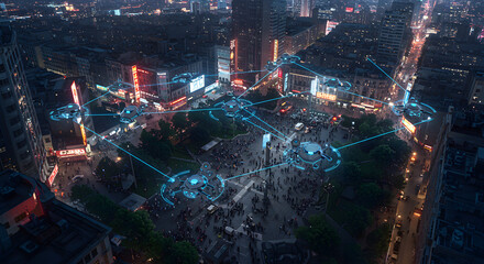 Futuristic cityscape aerial view showing drones networked above a crowded urban square at night with bright lights and on transparent background data