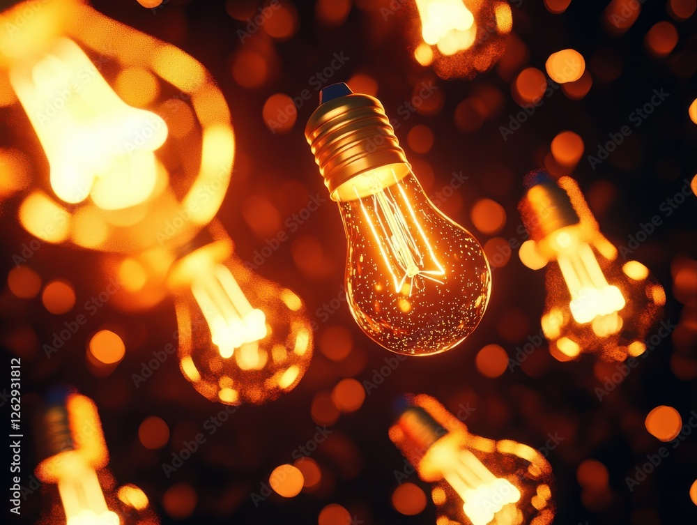 Poster a mesmerizing display of glowing light bulbs against a dark background, creating a warm and inviting