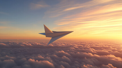 Fototapeta premium paper airplane soaring high against vast open sky, surrounded by fluffy clouds during beautiful sunset. warm colors create serene and uplifting atmosphere