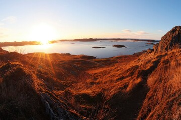 Scenic autumn sunset over fjord, highlands. Possible use Stock photo for travel, nature, or landscape