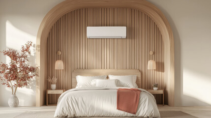 cozy bedroom with wooden accent wall, mounted air conditioner, and soft lighting creates warm and inviting atmosphere