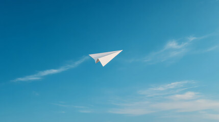 paper airplane soaring through clear blue sky, symbolizing freedom and creativity. bright atmosphere enhances feeling of joy and playfulness