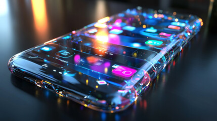 A close-up of a new-generation smartphone with a transparent, flexible display and integrated AI