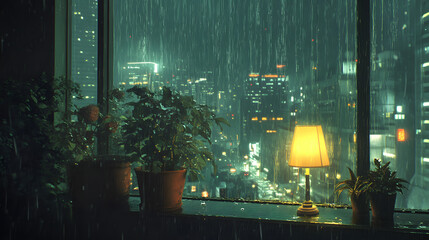 A window of an apartment overlooking the city at night, it's raining outside
