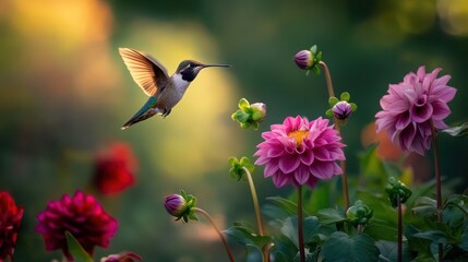 Fototapeta premium Hummingbird in Flight Among Dahlias: A Serene Garden Moment