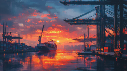 Obraz premium Container truck in ship port for business Logistics and transportation of Container Cargo ship and Cargo plane with working crane bridge in shipyard at sunrise, logistic import export and transport