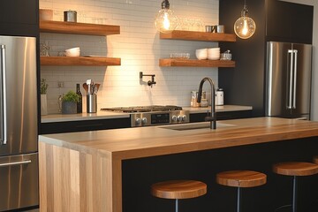 Fototapeta premium Modern kitchen design with wooden accents and industrial lighting showcasing a contemporary cooking space