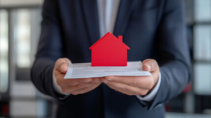 professional setting with person presenting red house model on document, symbolizing real estate transactions and investment opportunities
