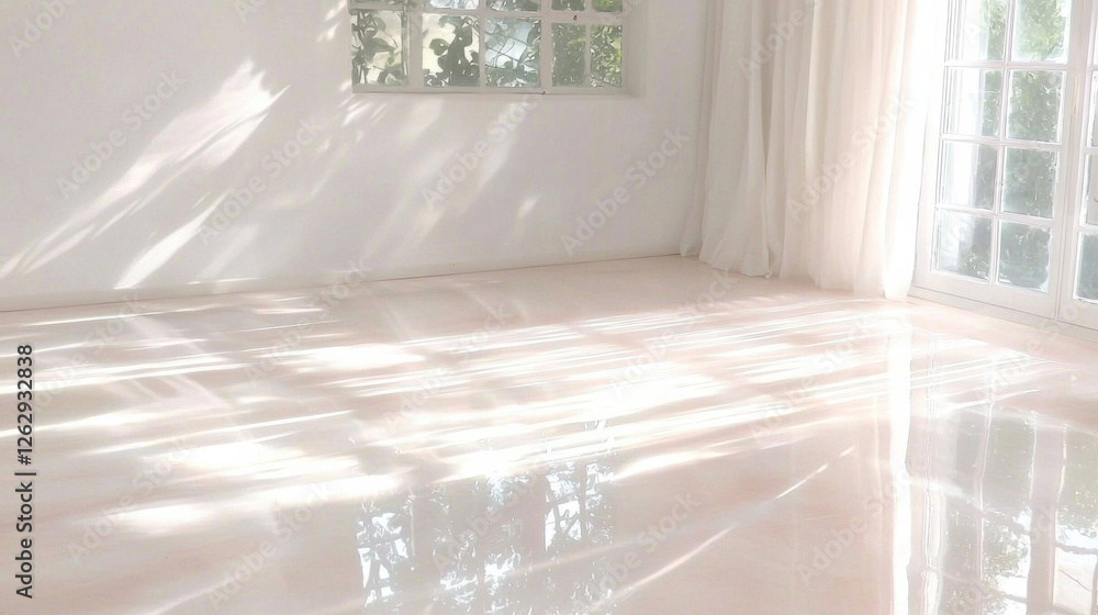 Aufkleber bright sunlight streams through large windows into minimalistic room with glossy white flooring and 