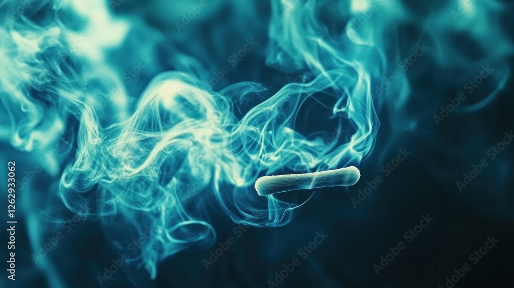 Poster a close-up of a floating object amidst swirling blue smoke, creating an ethereal atmosphere.