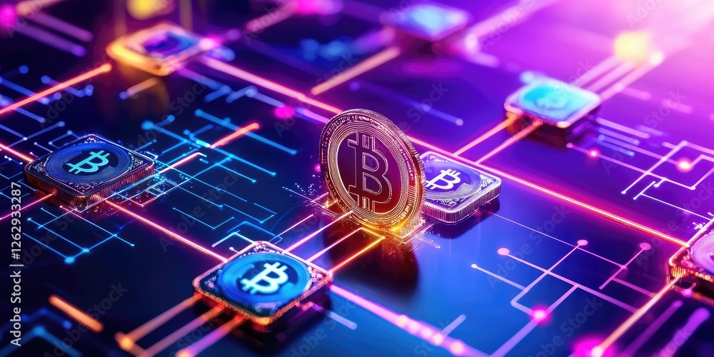 Leinwandbilder visual representation of a distributed ledger system illustrating secure transactions with cryptographic symbols and glowing digital lines, neutral background, emphasis o