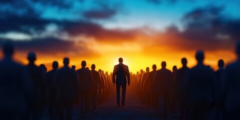 Obraz premium A lone figure walks towards a vibrant sunset, surrounded by shadowy silhouettes of people, evoking themes of solitude and determination.