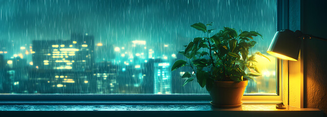 A window of an apartment overlooking the city at night, it's raining outside
