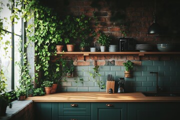 Modern kitchen with greenery and rustic charm near a large window during the day