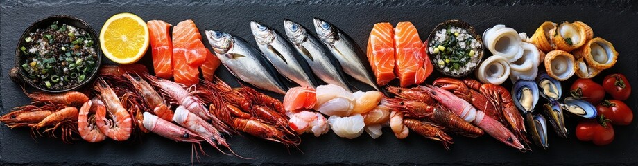 Fresh Seafood Arrangement on Slate Background with Fish Shellfish and Lobster
