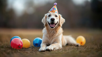 cheerful dog wearing party hat, surrounded by colorful balloons, enjoys festive atmosphere in grassy field. joyful expression captures spirit of celebration
