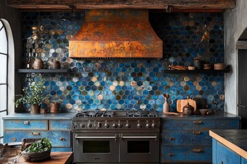 Beautiful kitchen with blue hexagonal tiles and a large copper range hood in a modern interior design setting