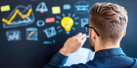 businessman with documents analyzing a detailed business plan for startup funding surrounded by innovative tech props