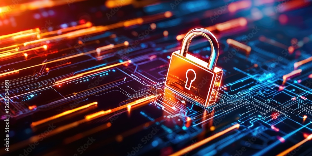 Fototapete data encryption visualized with digital locks and secure servers in a neutral office environment, emphasizing safe browsing and internet security