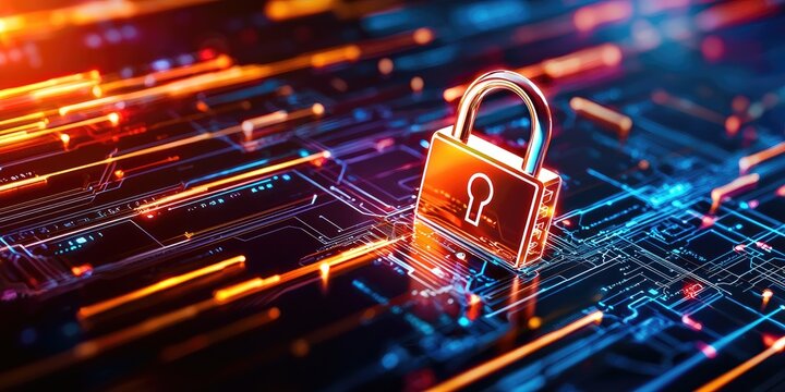 data encryption visualized with digital locks and secure servers in a neutral office environment, emphasizing safe browsing and internet security