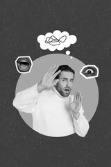 Vertical collage image of black white gamma impressed scared guy walking mouth watching eye...
