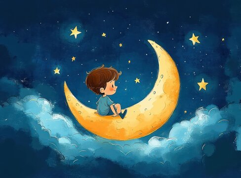Whimsical Illustration of a Child Sitting on a Crescent Moon Gazing at a Star in a Vibrant Cartoon Style