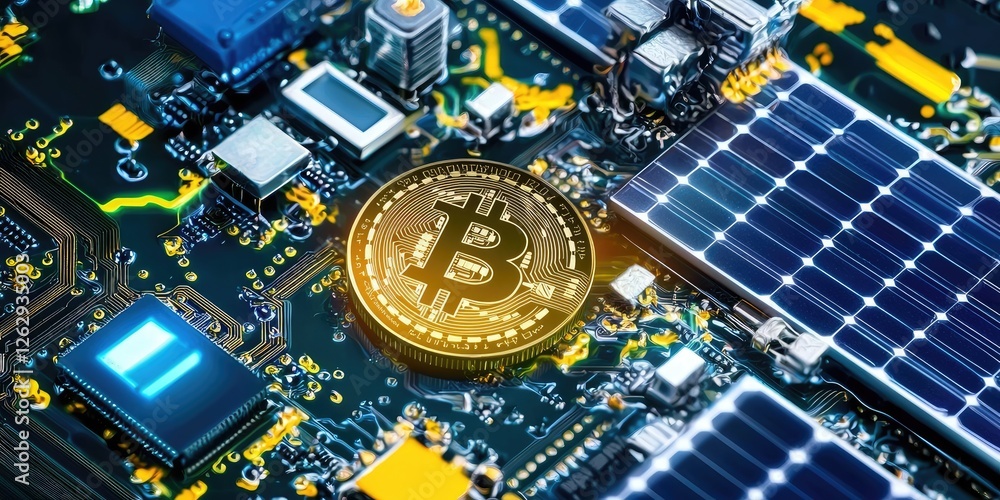 Poster visual representation of blockchain technology managing energy distribution from solar panels, infog