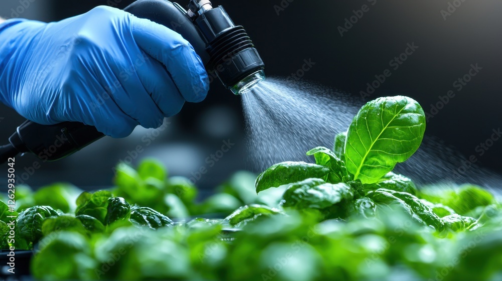 Poster close up view of a mist emitting nozzle system in a high tech hydroponic greenhouse designed to prec