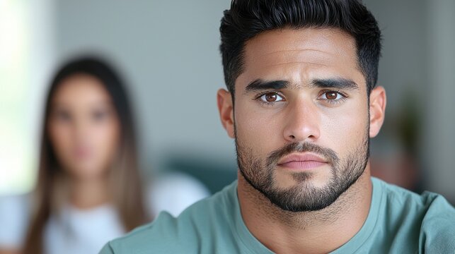 Closeup of a handsome Indian man with a beard and intense pensive expression captured in a professional studio portrait  He has a serious