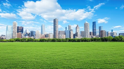 Obraz premium City skyline view from green park, sunny day. Ideal for travel, real estate