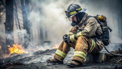 Fototapeta premium A lone firefighter taking a brief moment to rest, covered in soot and ash