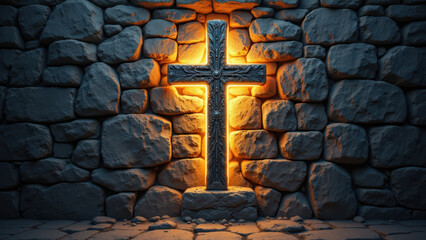 A dark stone chamber with a cross-shaped light illuminating from above.