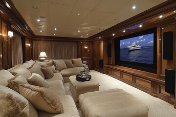 Fototapeta premium Luxurious home theater with plush seating and large screen featuring a yacht on display in a stylish interior