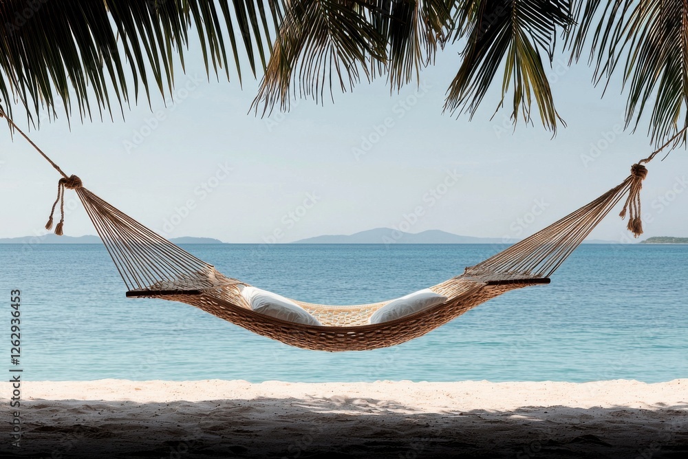 Poster a hammock suspended between two palm trees offering a serene view of the calm ocean bay and horizon 