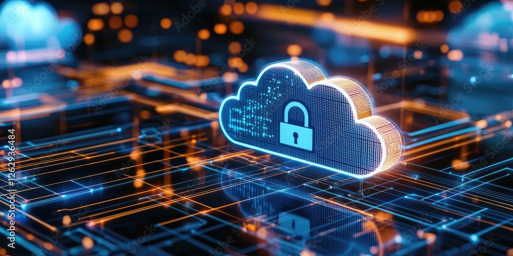 Fototapete Data encryption in cloud storage depicted through a digital lock over a cloud with binary code, minimalistic editorial-style backdrop, focused on security and technology