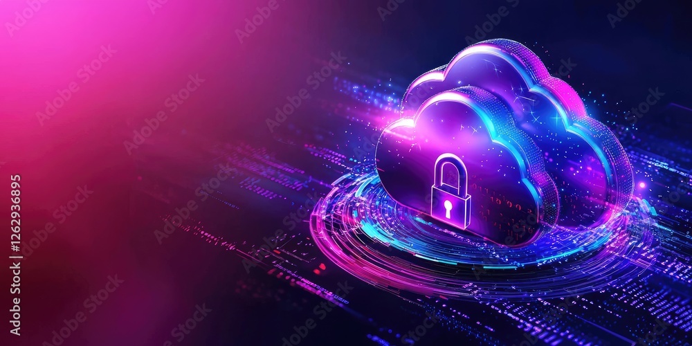 Fototapete Data encryption in cloud storage depicted through a digital lock over a cloud with binary code, minimalistic editorial-style backdrop, focused on security and technology