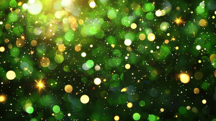 Bright green background with sparkling bokeh lights in various colors