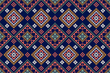Ethnic Patterns. Cross Stitch Embroidery. Traditional Design for texture, textile, fabric, clothing, Knitwear, scarf, carpet, rug, saree, border Geometric pixel ethnic seamless vector. Pixel ethnic