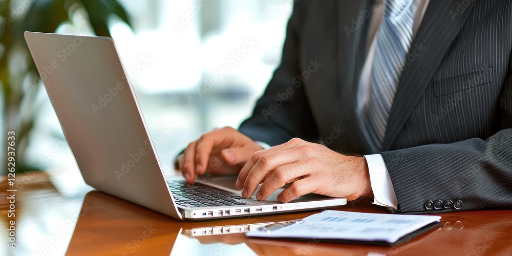 Poster businessman analyzing performance metrics with sales report graphs on a laptop and notepad in an office setting