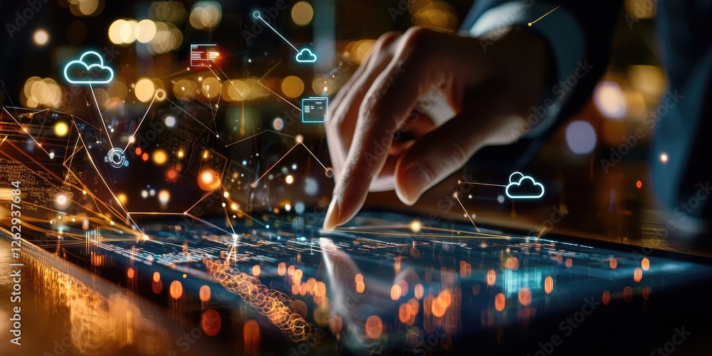 Poster close-up of a hand using a digital signature tablet with floating cloud storage icons, emphasizing d