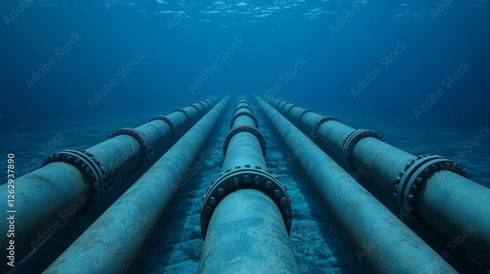 Poster underwater view of large pipes extending into deep blue ocean, showcasing subsea infrastructure and 