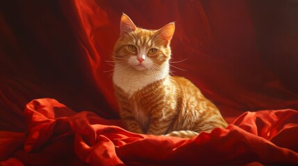 European orange cat close-up in a red background