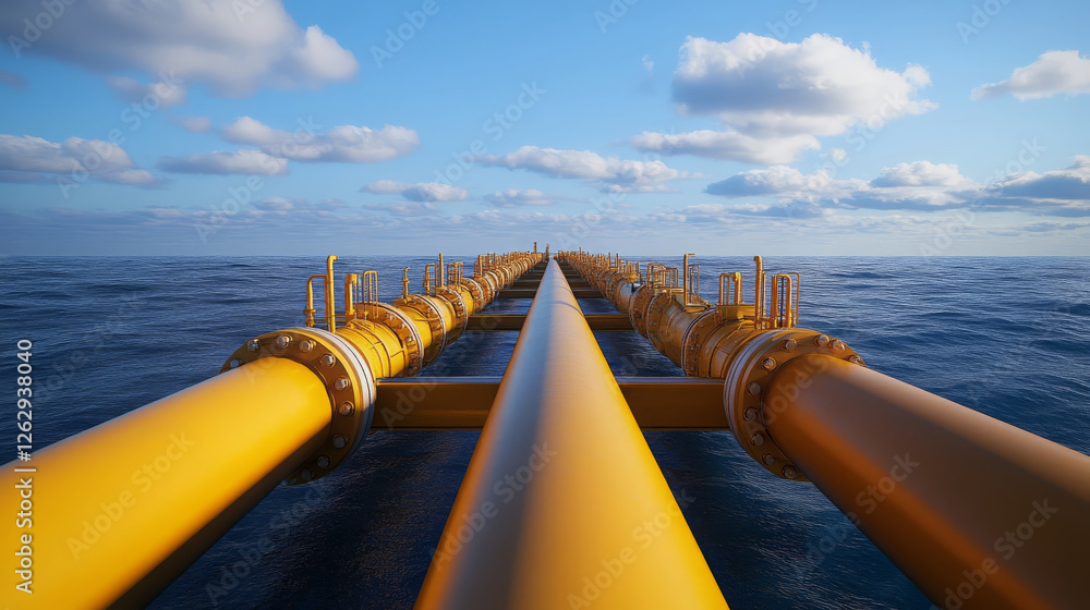 Poster wide angle view of yellow pipeline extending across ocean, showcasing subsea infrastructure under br