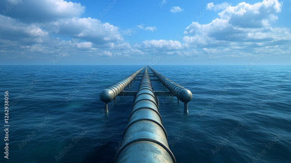 Poster wide angle view of long pipeline extending across ocean, surrounded by calm waters and clear blue sk