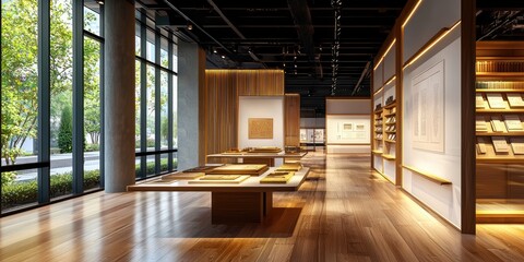Fototapeta premium Virtual library showcasing ancient historical documents, with digital exhibition screens in the background, emphasizing cultural preservation