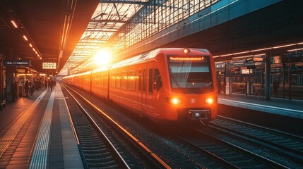 Naklejka premium Sunset train arrival at modern station with commuters