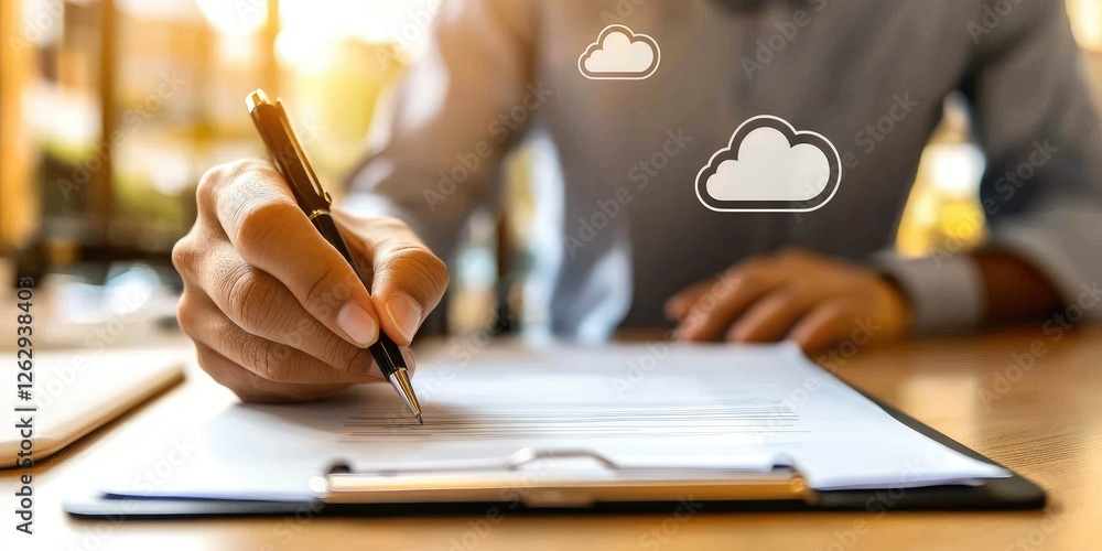 Poster close-up of a hand using a digital signature tablet with floating cloud storage icons, emphasizing d