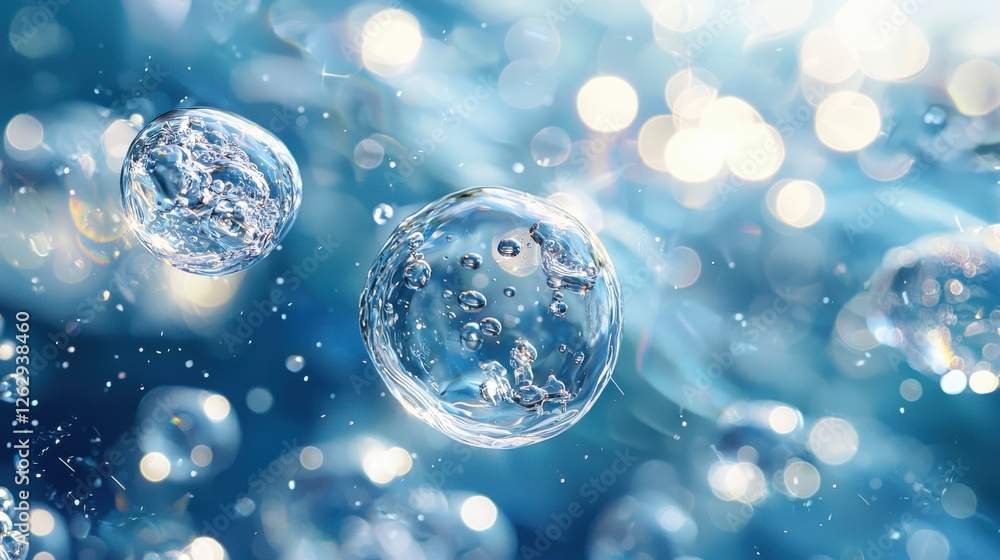 Poster bubbles floating in water with shimmering blue background, creating serene and calming atmosphere. l